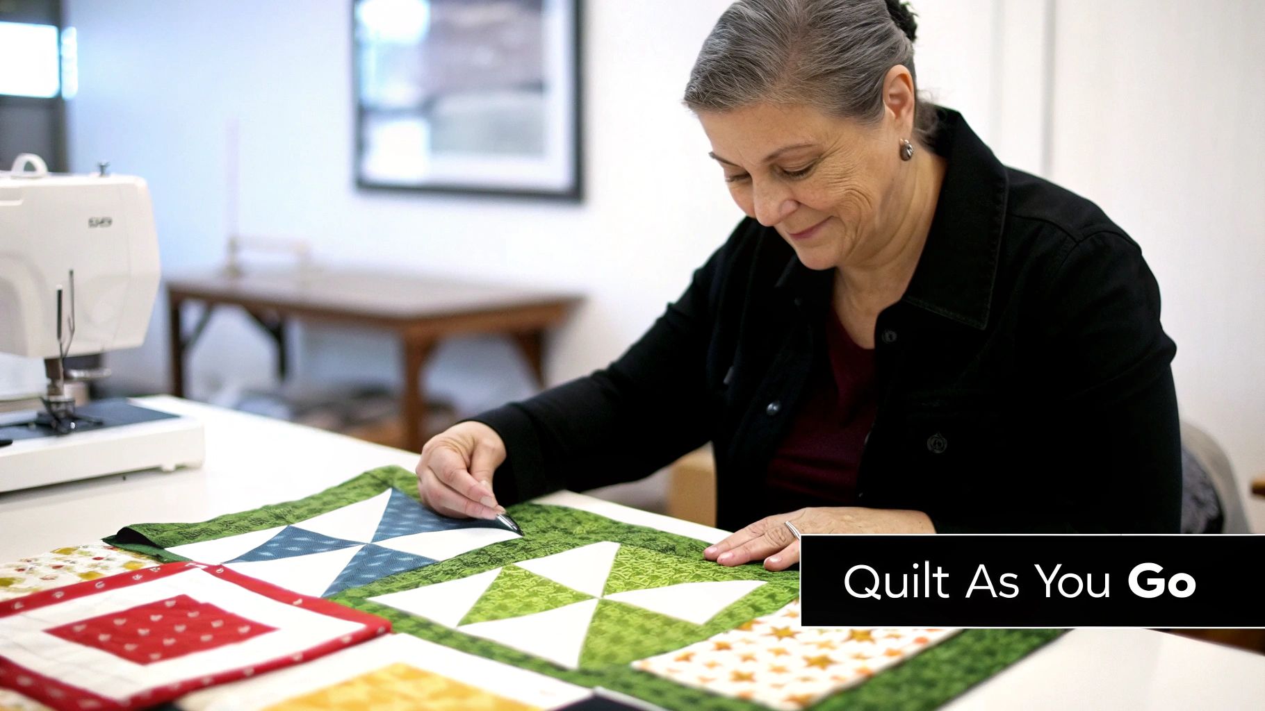 A woman quilting a colorful fabric project on a white table with a sewing machine nearby, focusing on her craft.