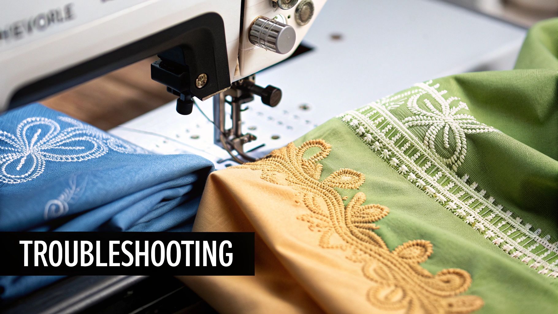 A person troubleshooting a machine embroidery project, showing puckering on the fabric.