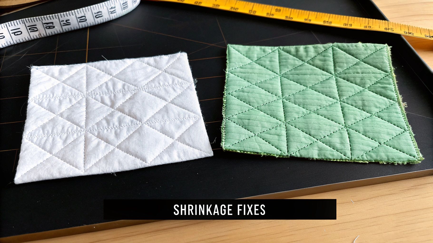 Two quilted fabric swatches, white and green, demonstrating shrinkage fixes on a dark background.
