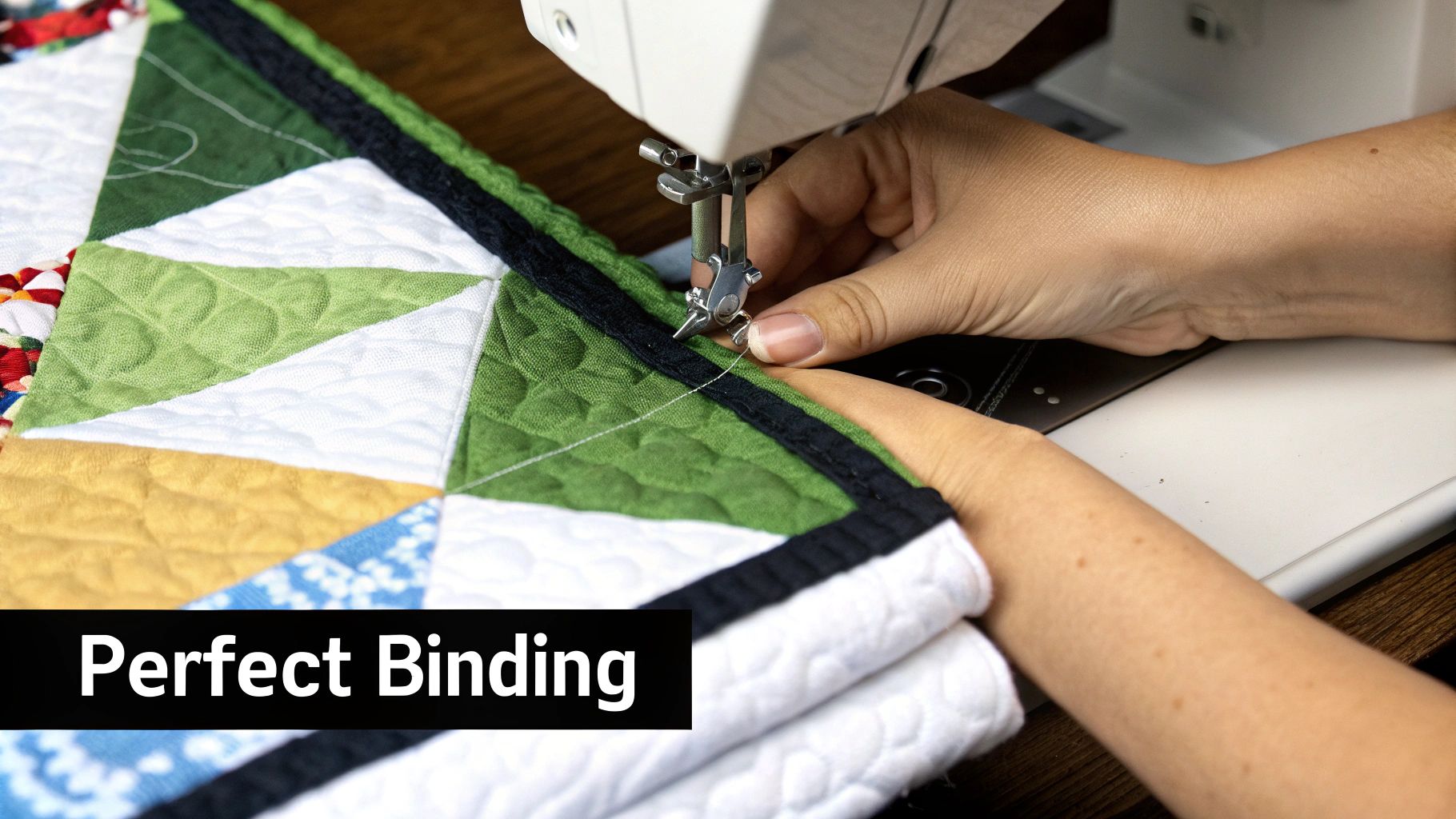 Close-up of hands guiding a colorful quilt under a sewing machine, attaching a black binding.