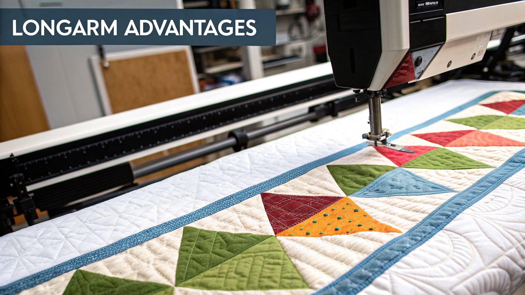 A beautiful, intricately stitched quilt finished using a longarm machine.