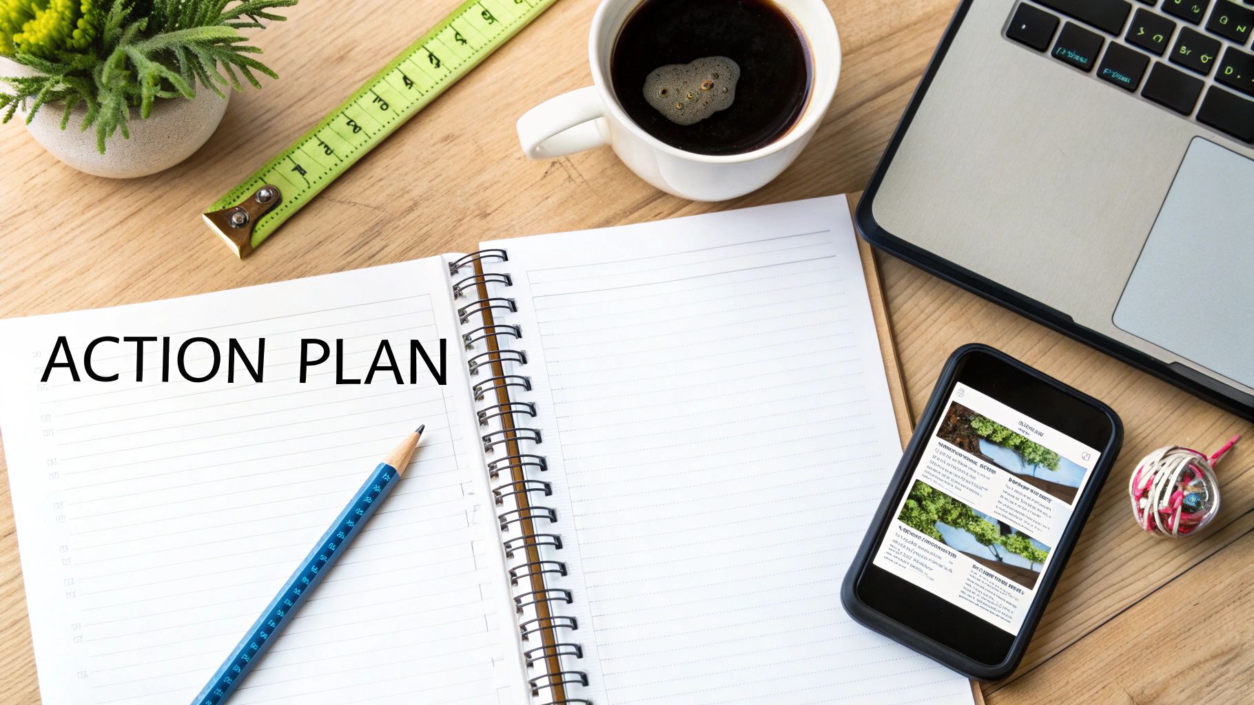 Overhead view of a wooden desk with an 'ACTION PLAN' notebook, coffee, laptop, and smartphone.
