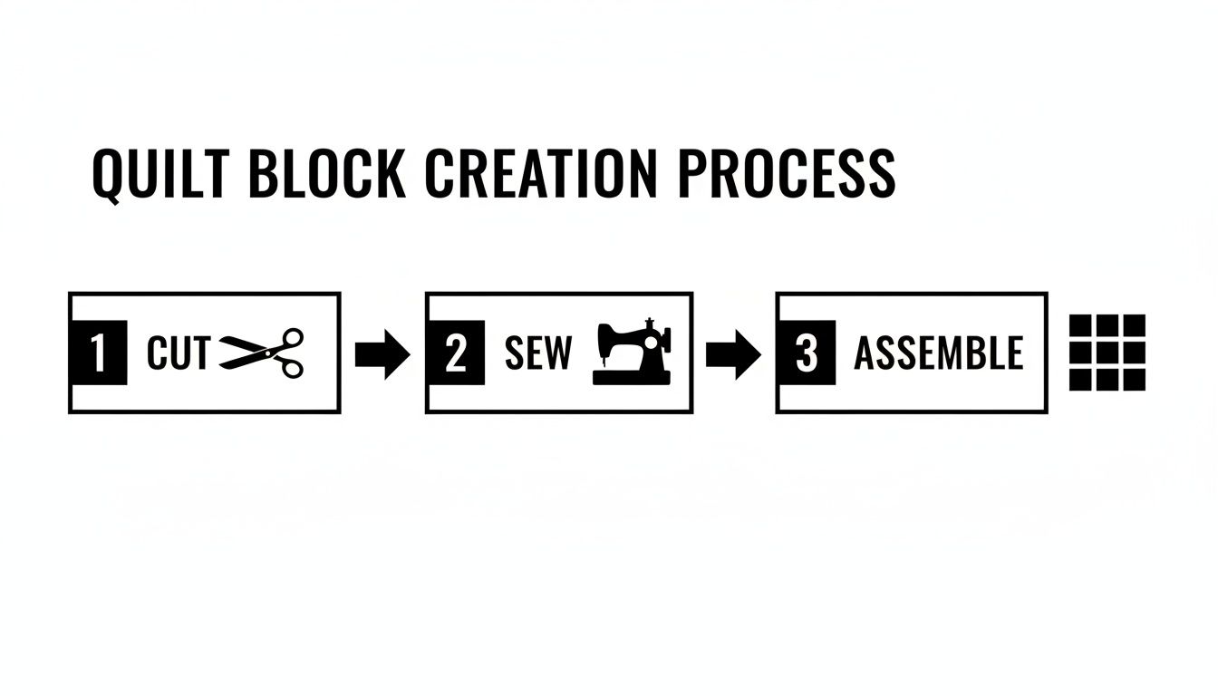A clear diagram showing the quilt block creation process: cut, sew, and assemble steps with corresponding icons.