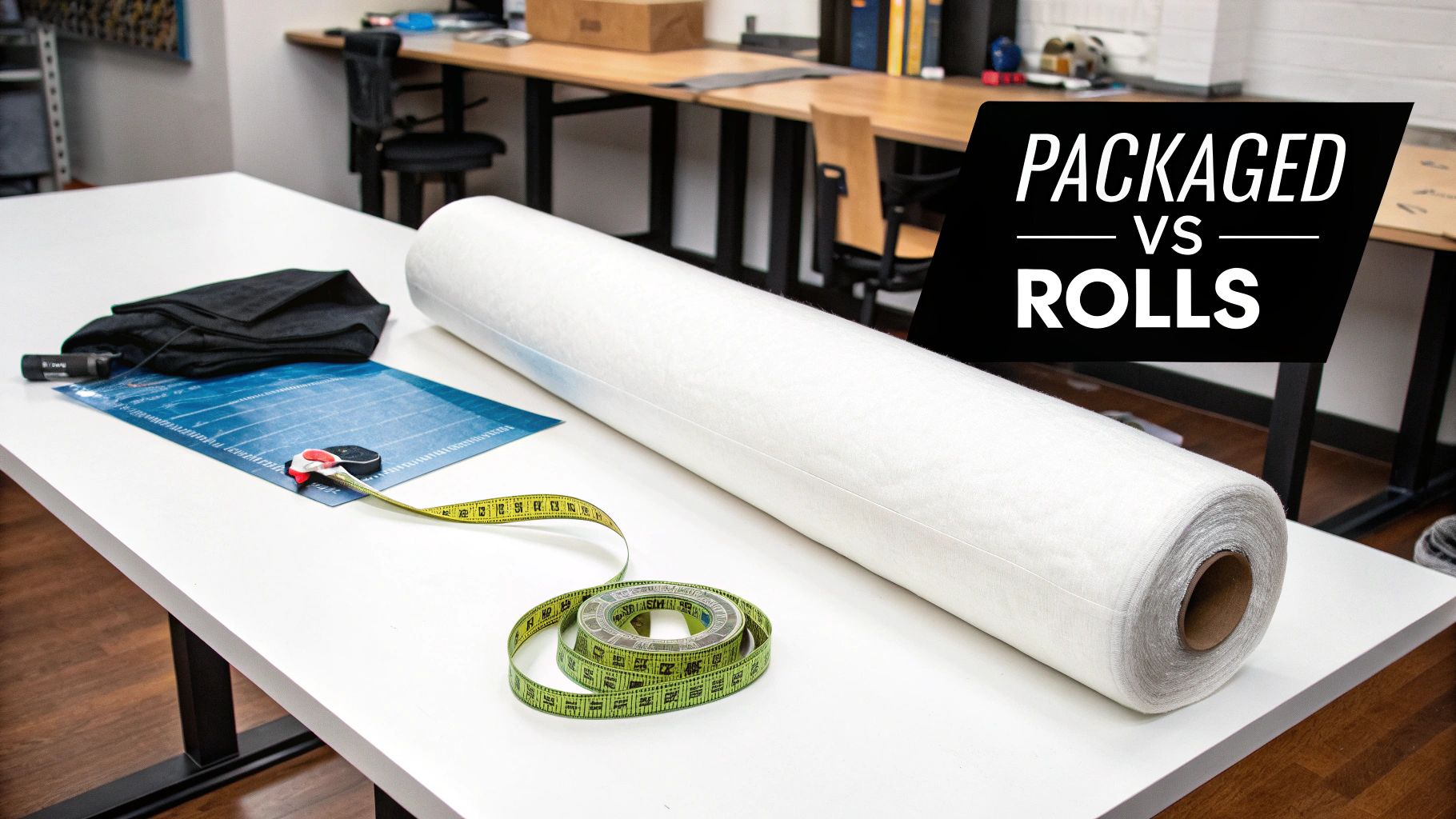 A long roll of white batting and measuring tools on a table, with 'PACKAGED VS ROLLS' overlay.