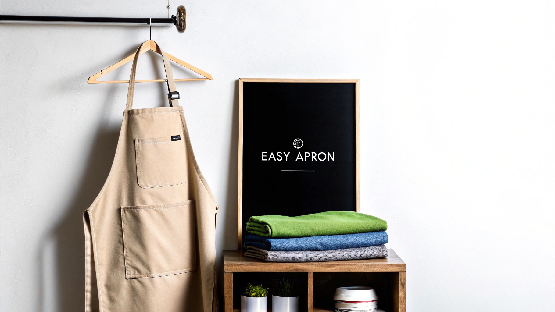 A tan apron hangs on a wooden hanger next to a black sign that reads 'EASY APRON' and folded textiles.