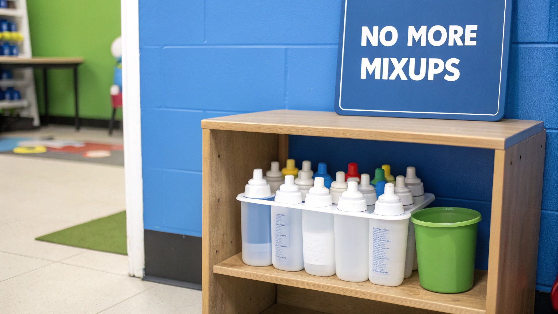 A wooden shelf holds organized baby bottles with colorful caps, next to a "NO MORE MIXUPS" sign.