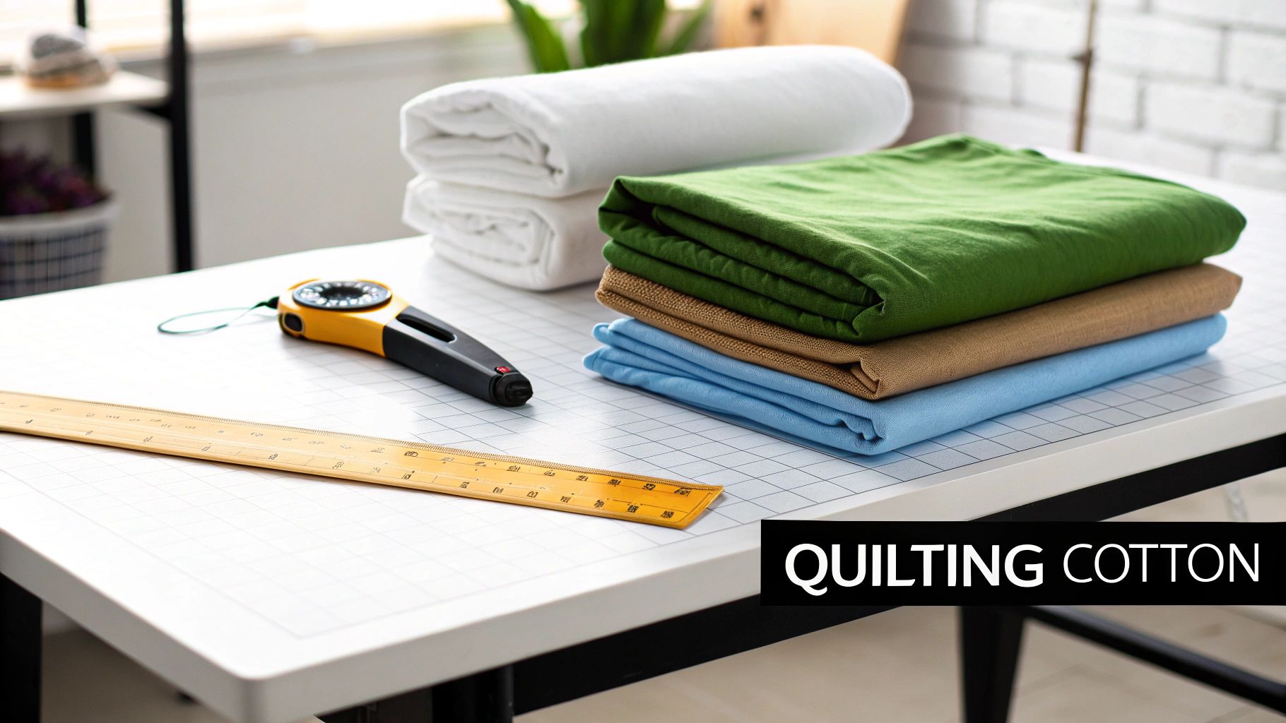 A vibrant assortment of neatly folded quilting cotton fabrics in various colors and patterns.
