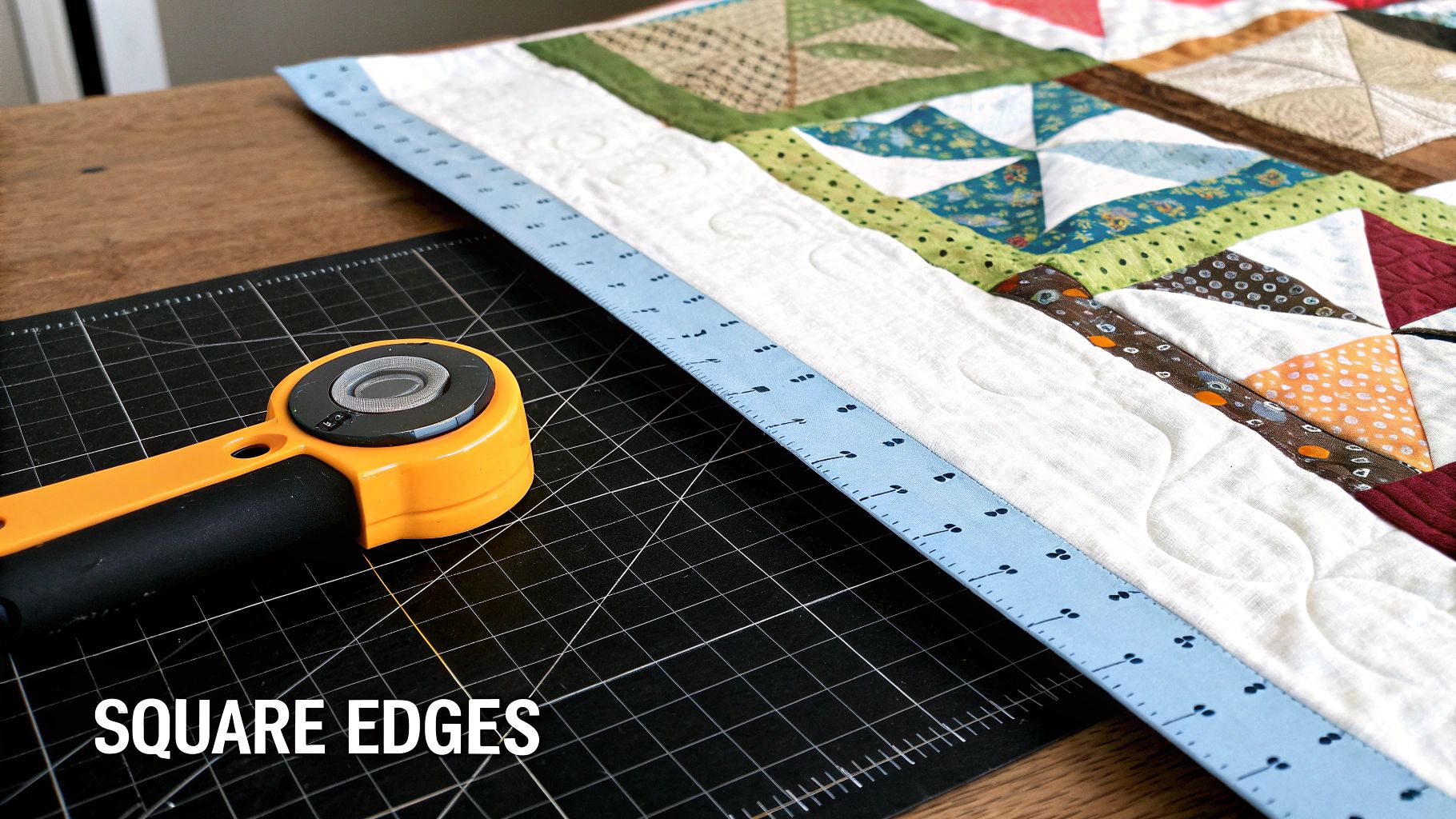 A quilter using a rotary cutter and long ruler to square up a quilt top.