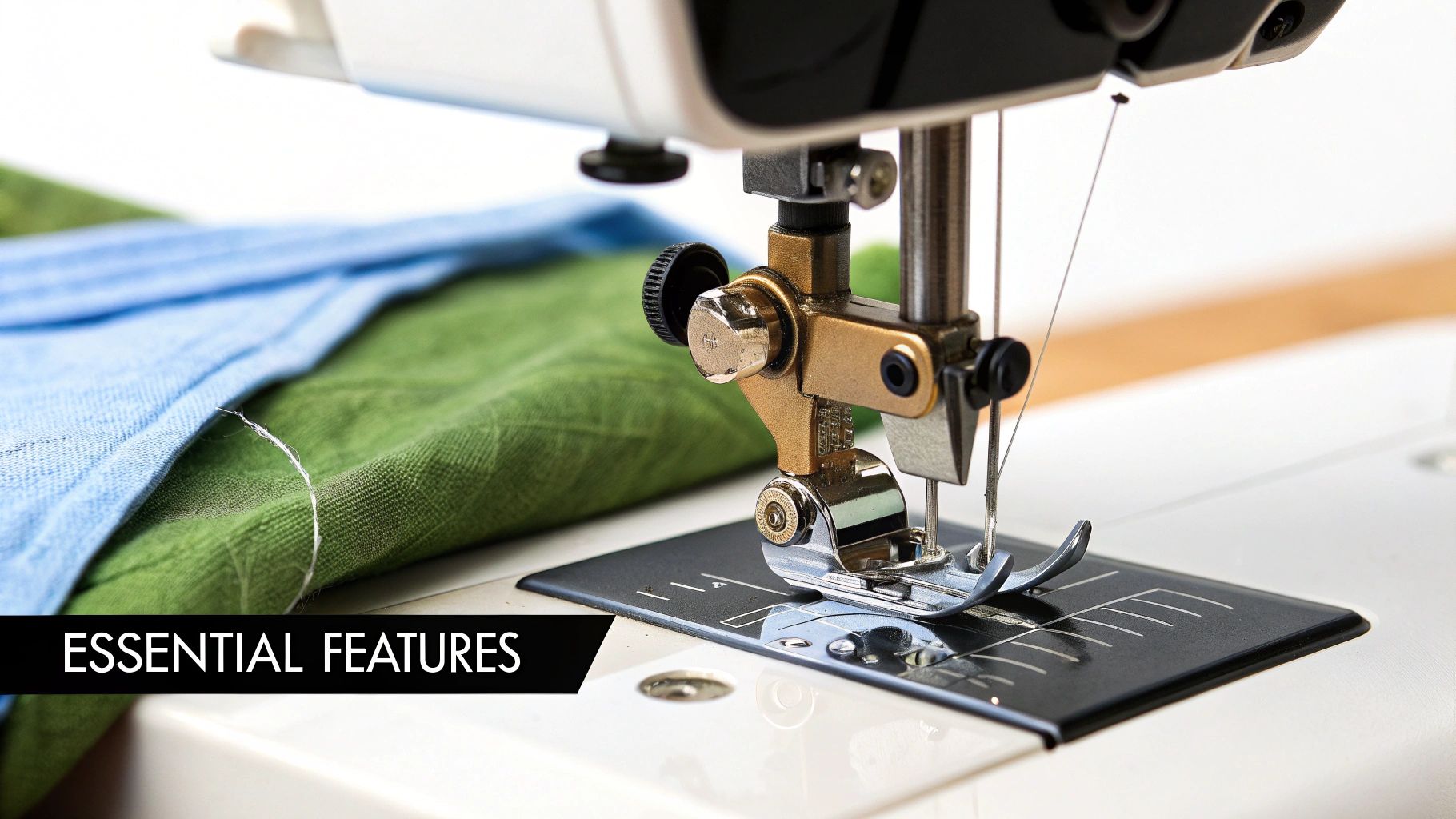 Close-up of sewing machine needle and presser foot stitching green and blue fabric
