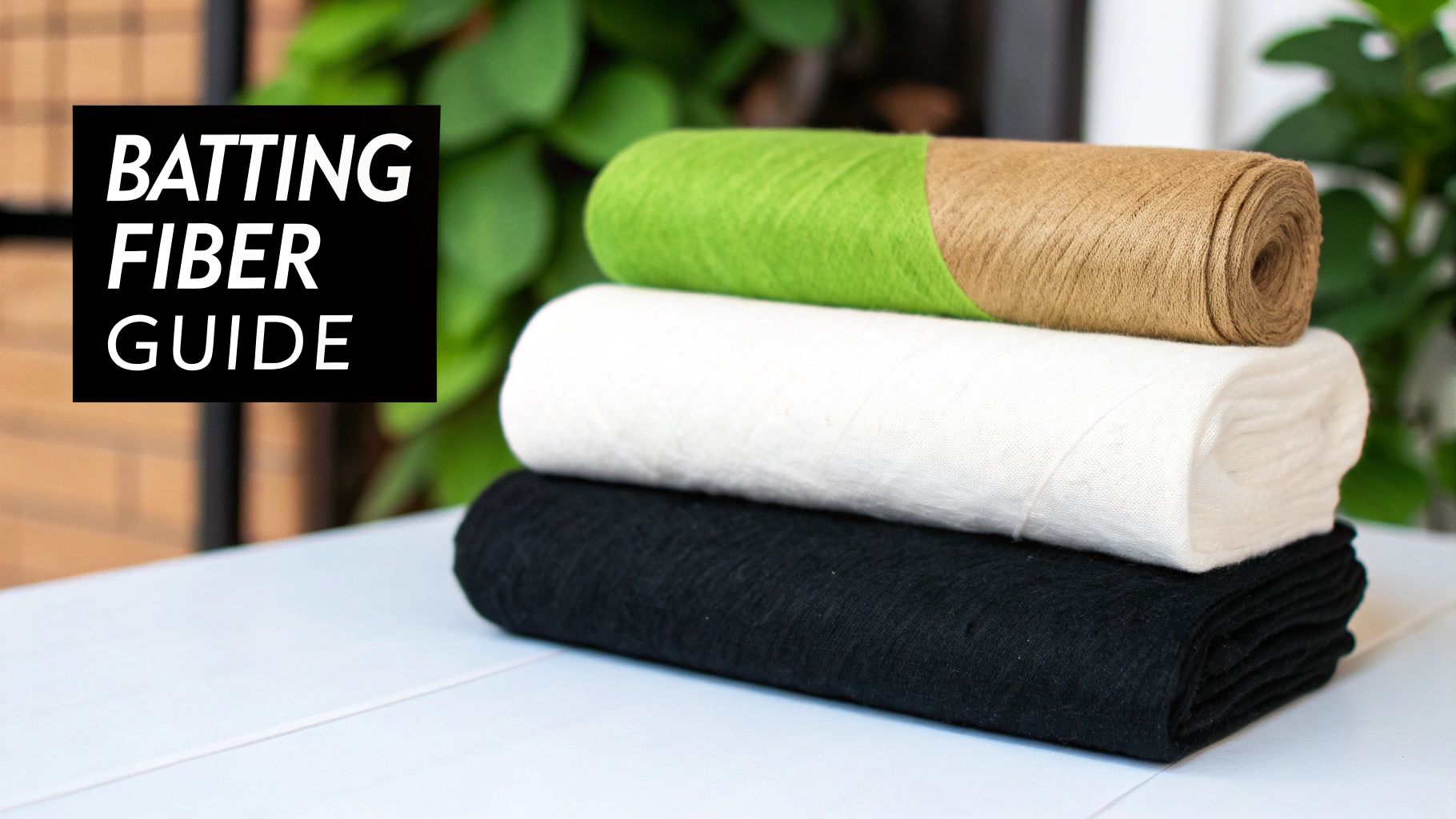 A stack of rolled batting fibers in green/brown, white, and black, with a 'BATTING FIBER GUIDE' text overlay.
