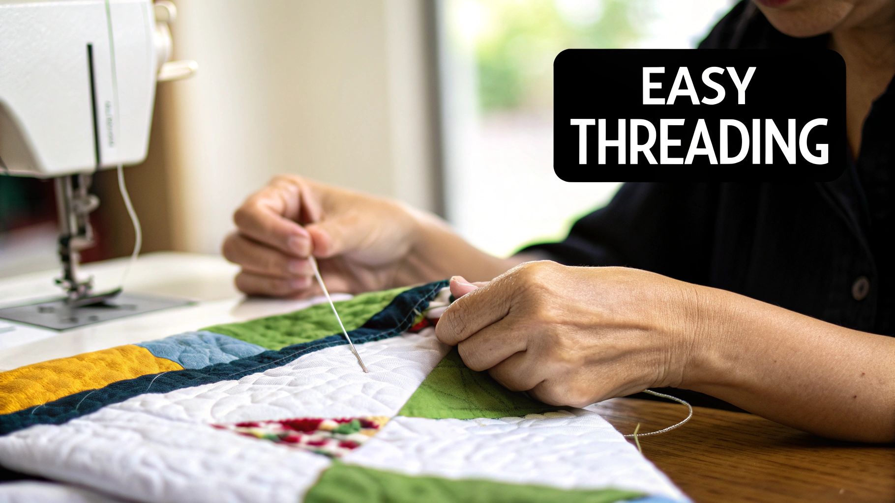 Close-up of hands hand-sewing a colorful quilt with a needle, with a sewing machine nearby. Text: EASY THREADING.