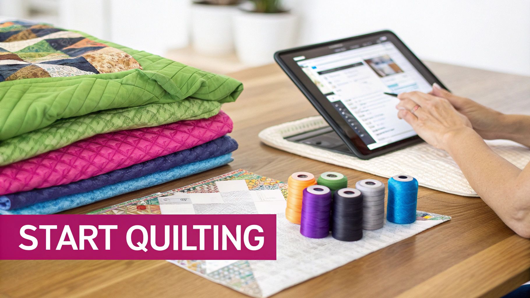 A vibrant stack of quilted fabrics, thread spools, and a person using a tablet with a 'START QUILTING' banner.