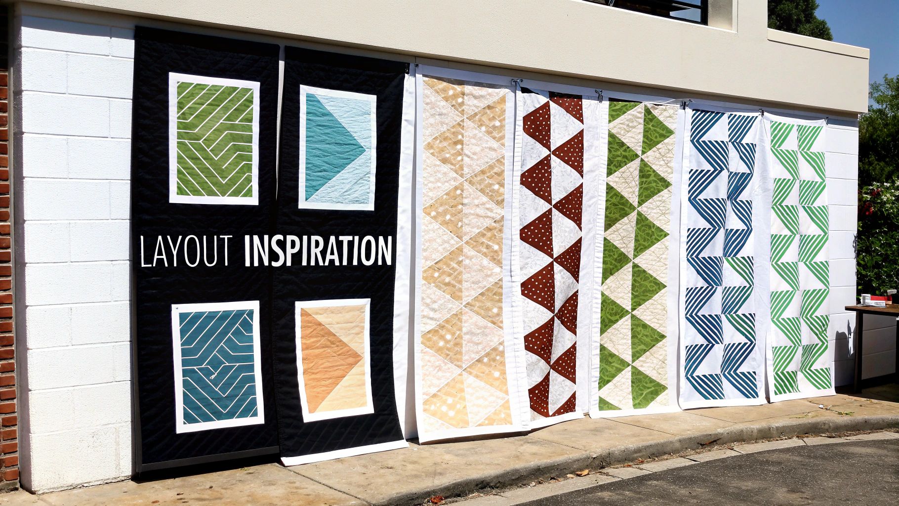 Various colorful quilt samples and banners with geometric patterns displayed outdoors for layout inspiration.