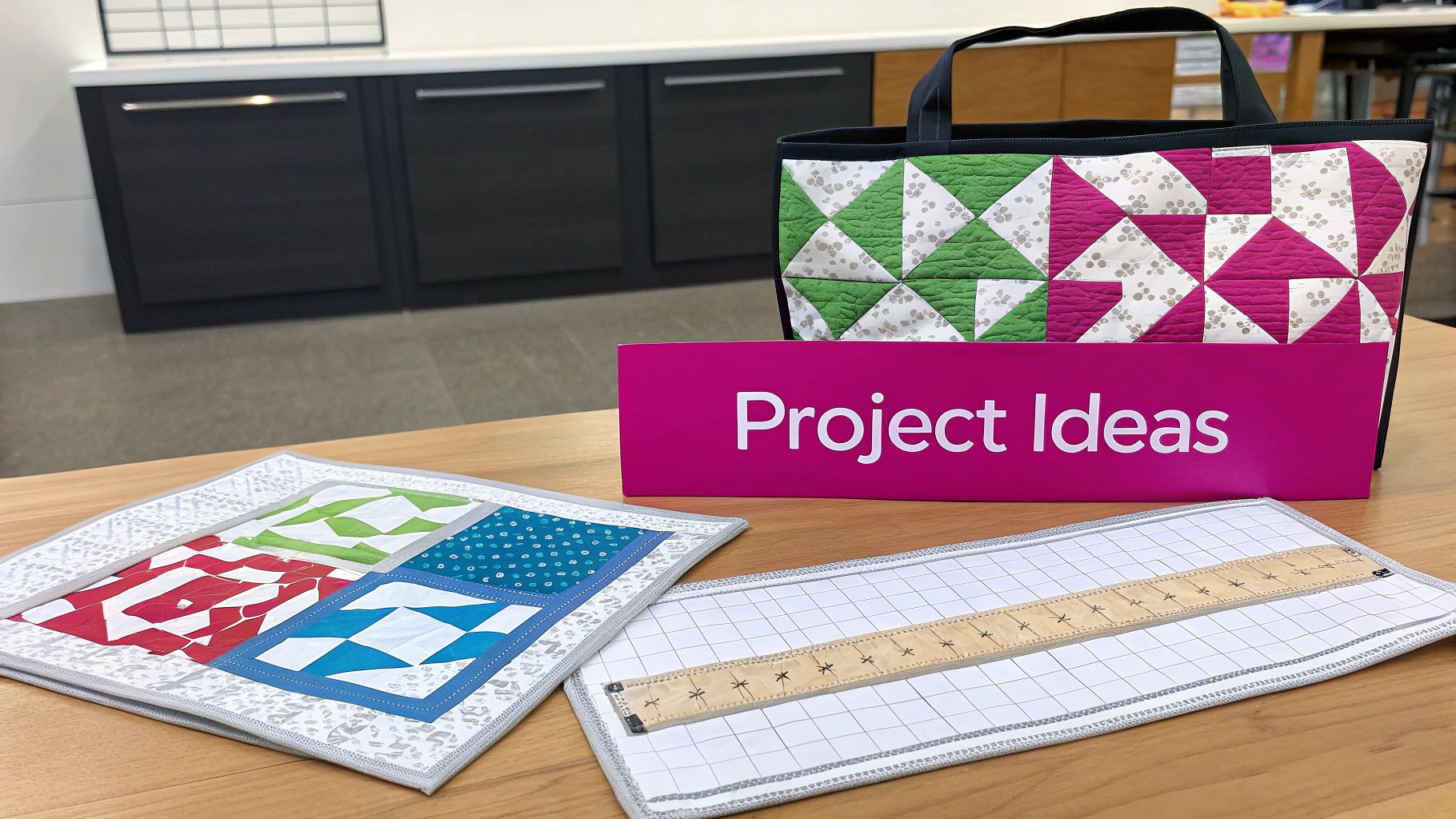 A vibrant tote bag featuring a complex geometric quilting design, showcasing the potential of ruler templates.