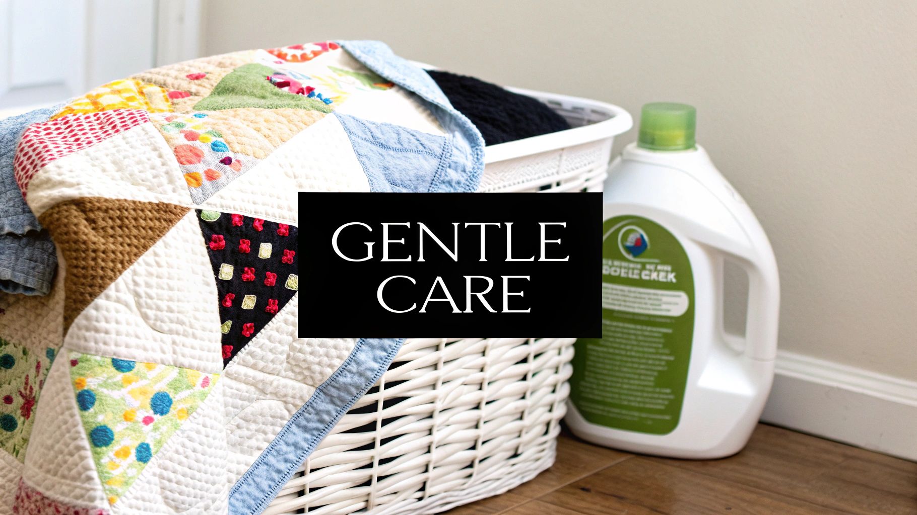 A colorful patchwork quilt drapes over a white laundry basket, next to a bottle of laundry detergent, with 'GENTLE CARE' text.