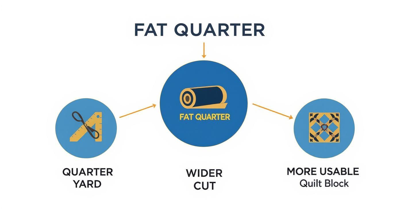 Diagram explaining a fat quarter fabric cut, showing it is wider than a quarter yard, benefiting quilt blocks.