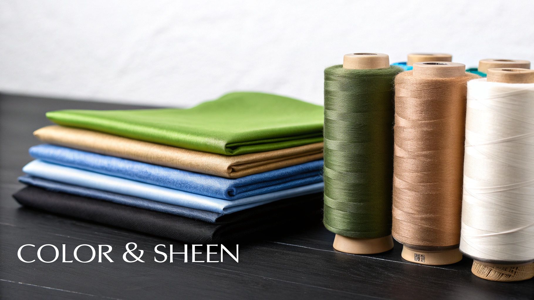 A stack of colorful folded fabrics next to spools of matching sewing threads, emphasizing color and sheen.