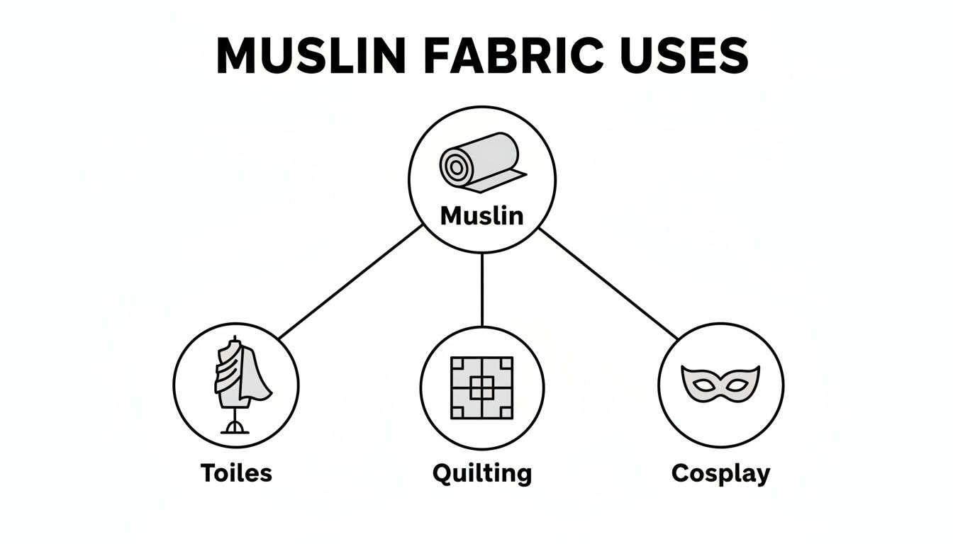 Diagram illustrating common uses for muslin fabric, including toiles, quilting, and cosplay.