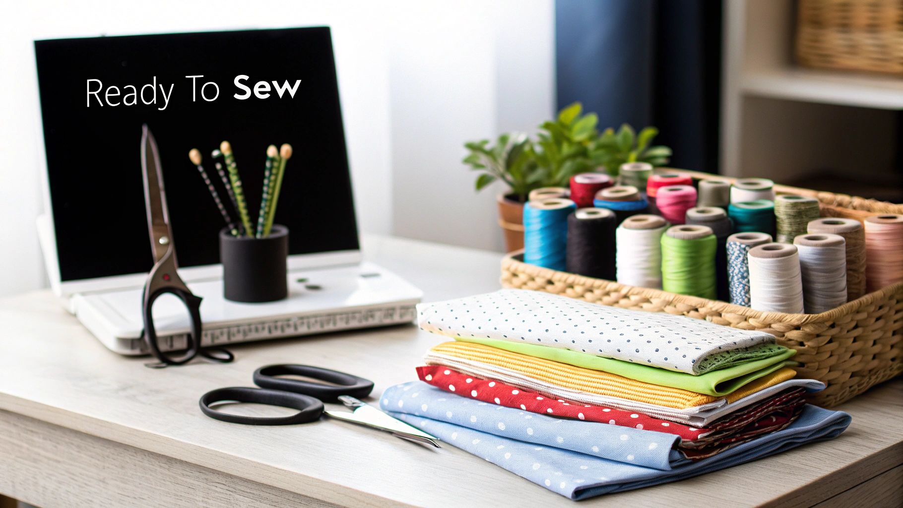 Several neatly organized sewing tools like scissors, thread, and measuring tape laid out on a wooden table.
