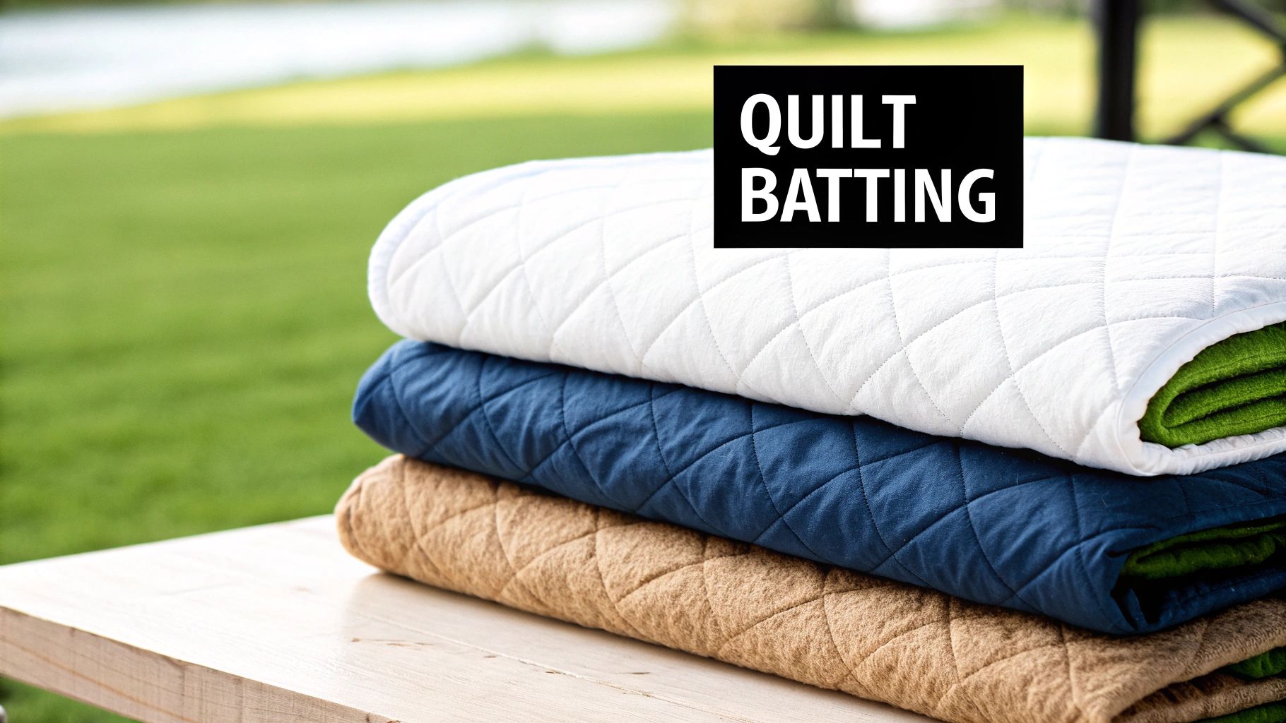 Stack of three folded quilted blankets in white, blue, and tan with 'QUILT BATTING' text.