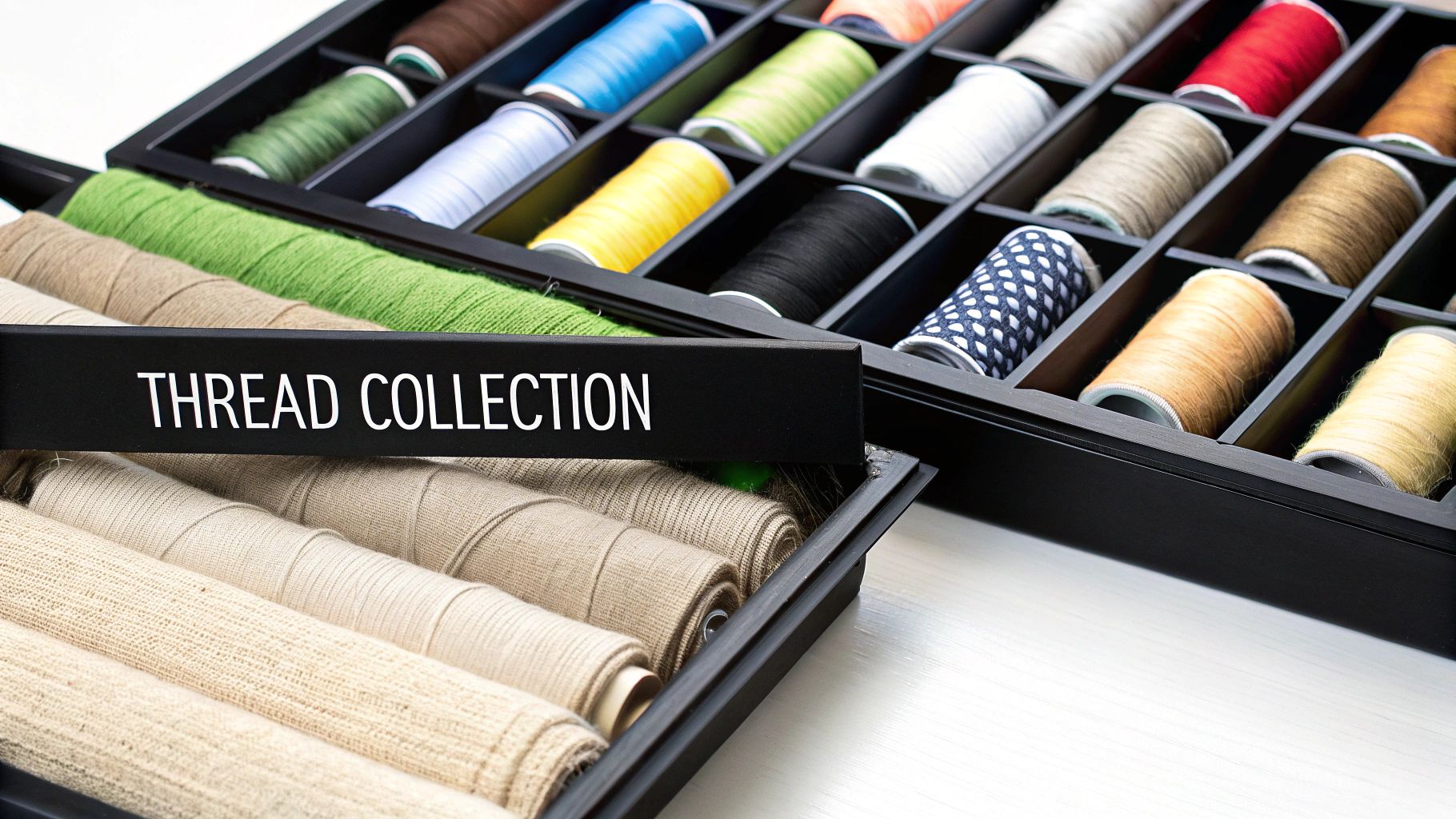 A close-up of a neatly organized thread collection in a black box, featuring colorful and natural spools.