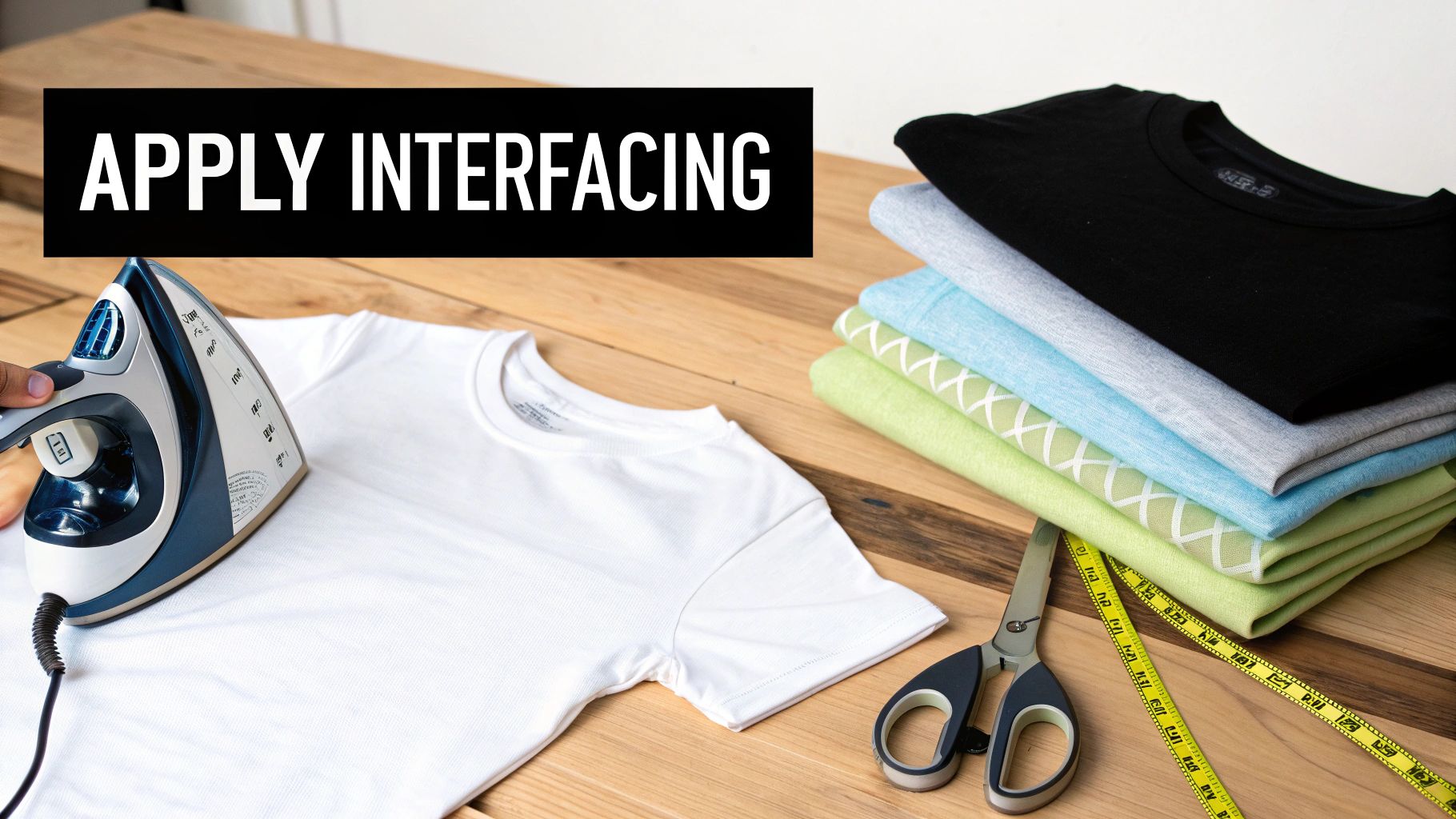 A person irons a white t-shirt on a wooden table, next to a stack of colorful fabrics.