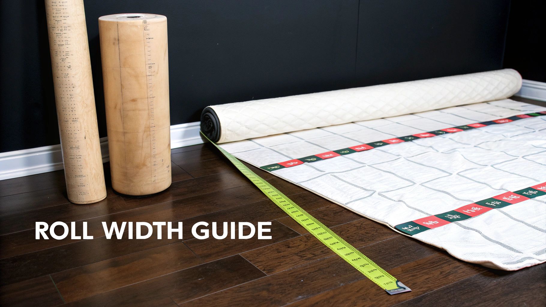 A large roll of white quilted material partially unrolled on a wooden floor with a measuring tape.