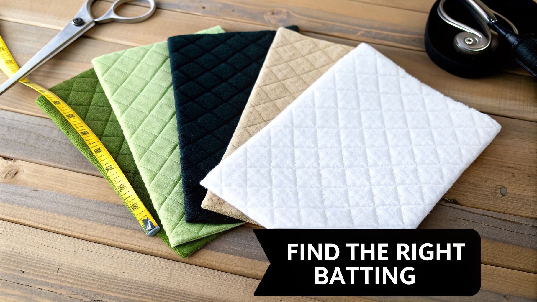 A display of colorful quilted batting samples and sewing tools on a wooden table.