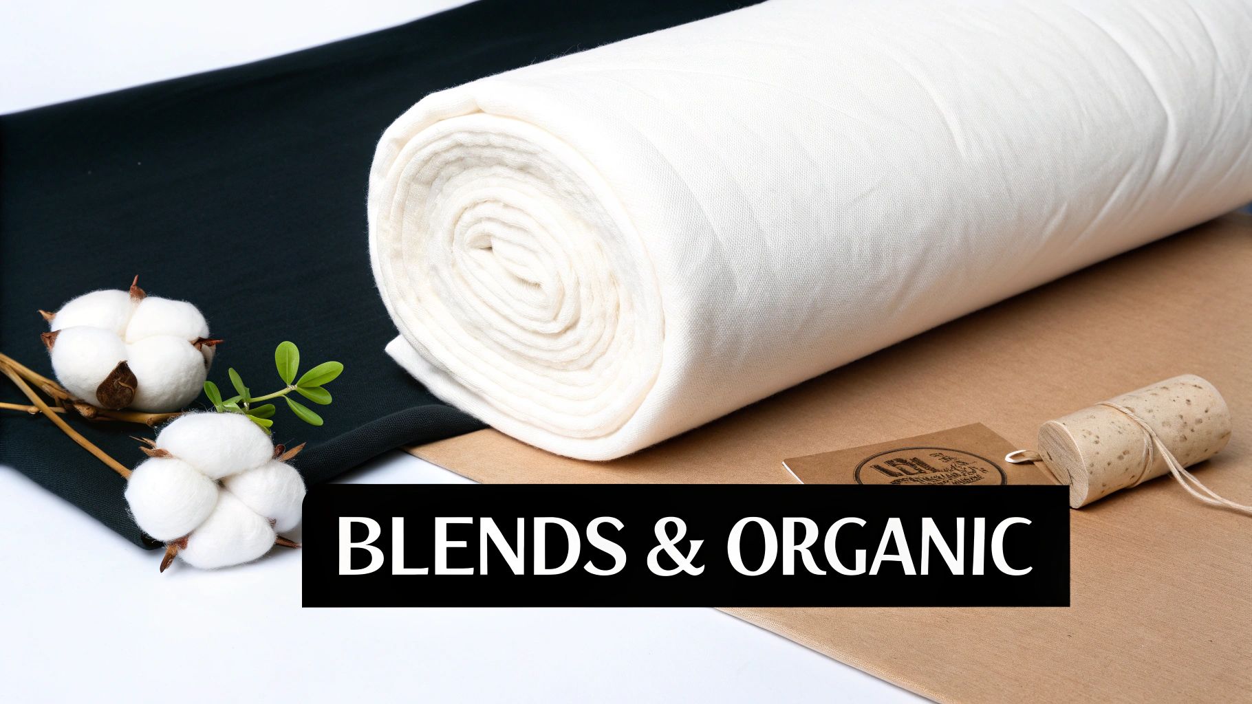 Roll of white cotton batting with raw cotton bolls and natural accessories, highlighting blends and organic textiles.