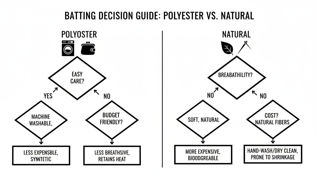 A flowchart decision guide comparing polyester and natural batting properties for crafting projects.