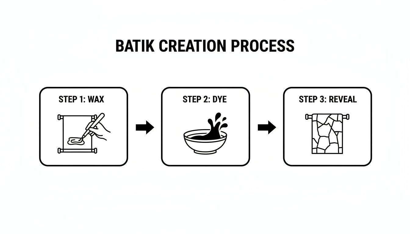 A three-step infographic showing the traditional batik creation process from waxing to dyeing and revealing.