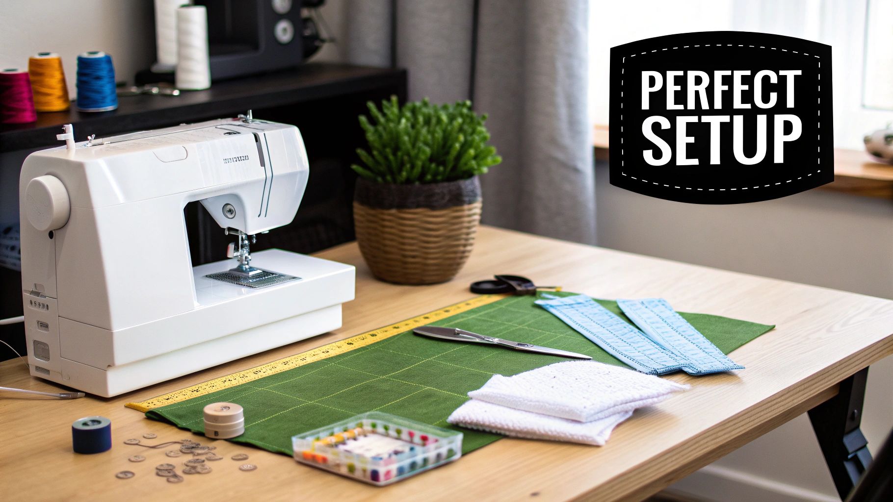 A tidy sewing table with a white sewing machine, fabric, thread, buttons, and other crafting essentials.