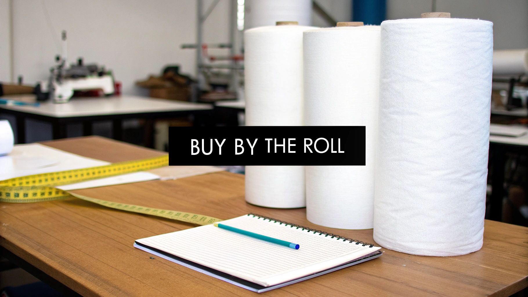 Three large rolls of white poly quilt batting on a wooden table in a textile workshop.
