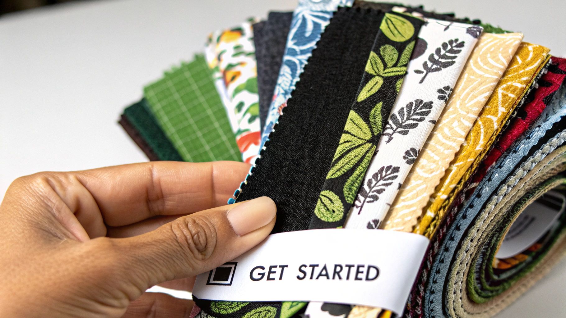 A quilter's hands laying out colorful jelly roll fabric strips on a cutting mat.