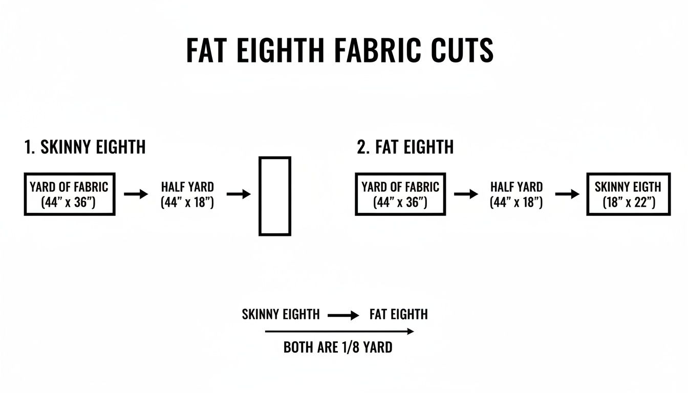 Diagram illustrating skinny eighth and fat eighth fabric cuts, showing dimensions from a yard of fabric.