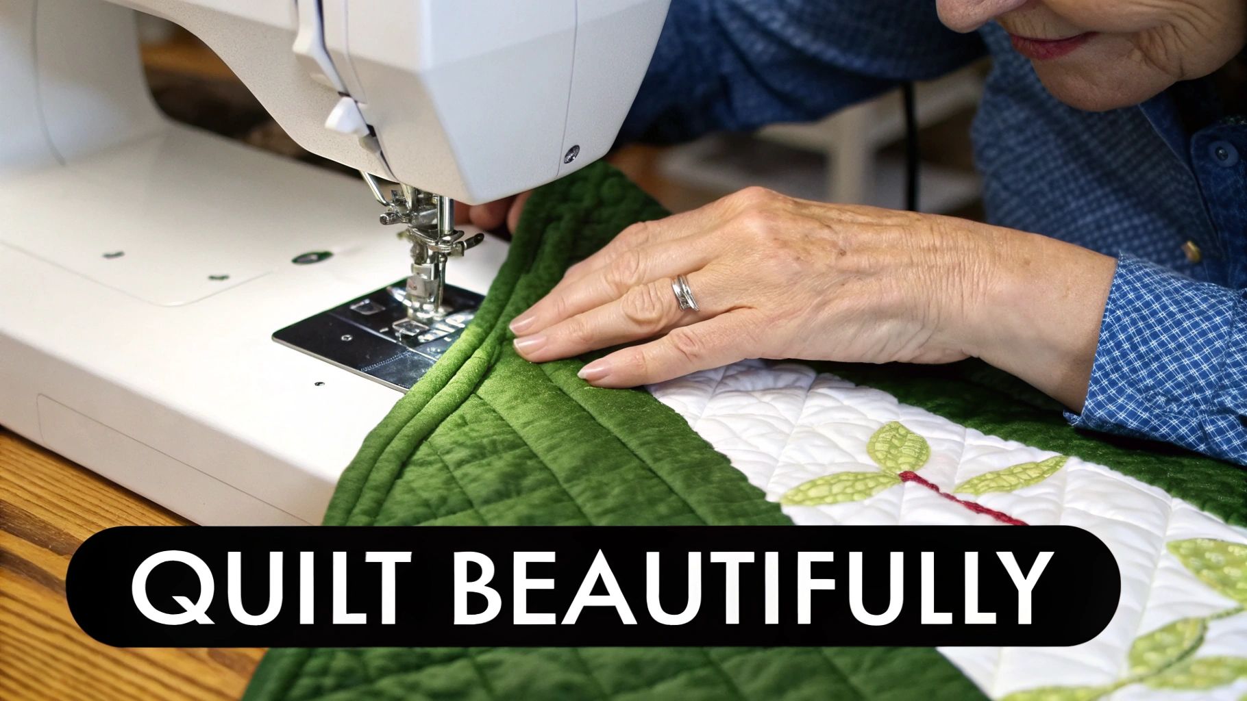 Close-up of a person's hands guiding green and white quilted fabric under a sewing machine needle.