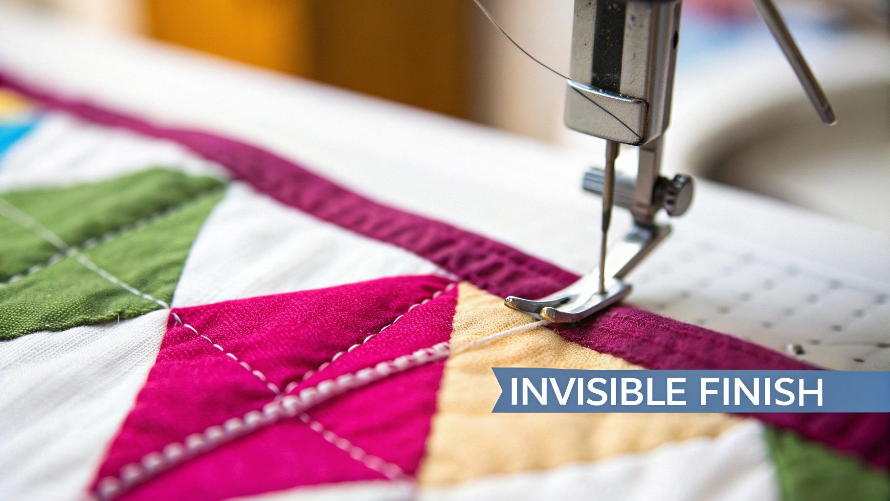 A close-up of a sewing machine needle stitching a colorful quilted fabric with white thread.