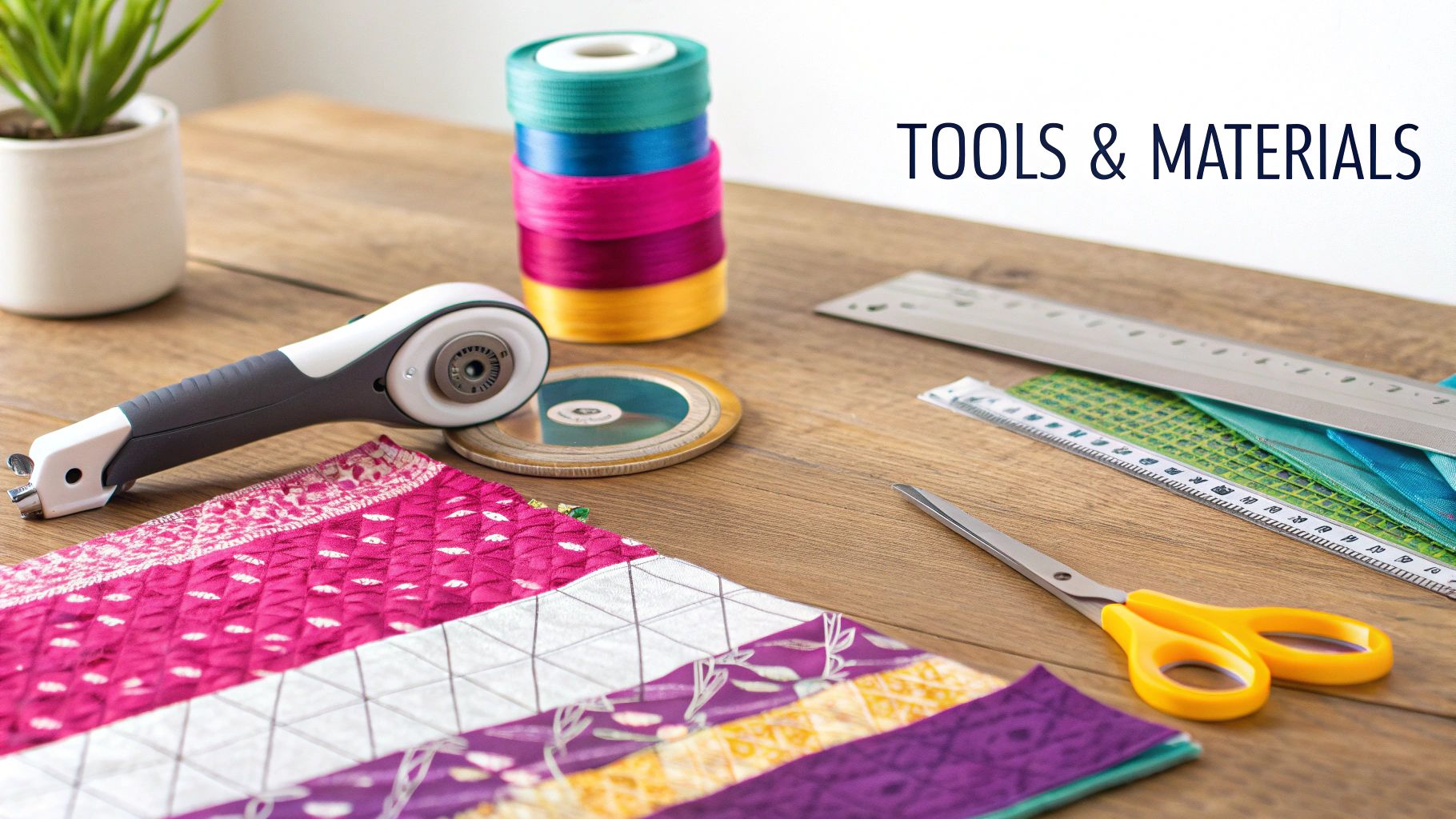 A close-up shot of quilting tools like a rotary cutter, ruler, and self-healing mat laid out on a table.
