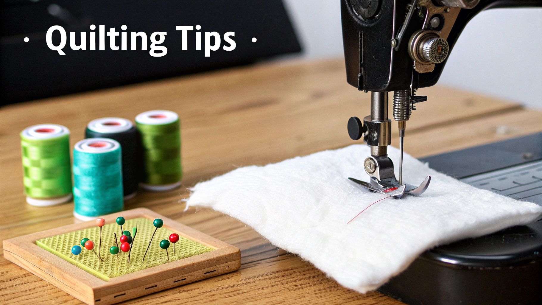 A sewing machine with white fabric, colorful thread spools, and a pin cushion for quilting.