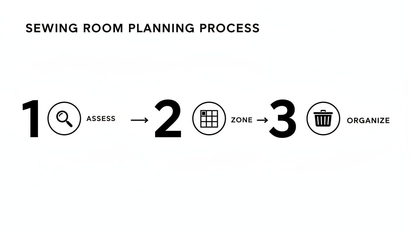 A graphic showing the sewing room planning process: Assess, Zone, Organize, with corresponding icons.