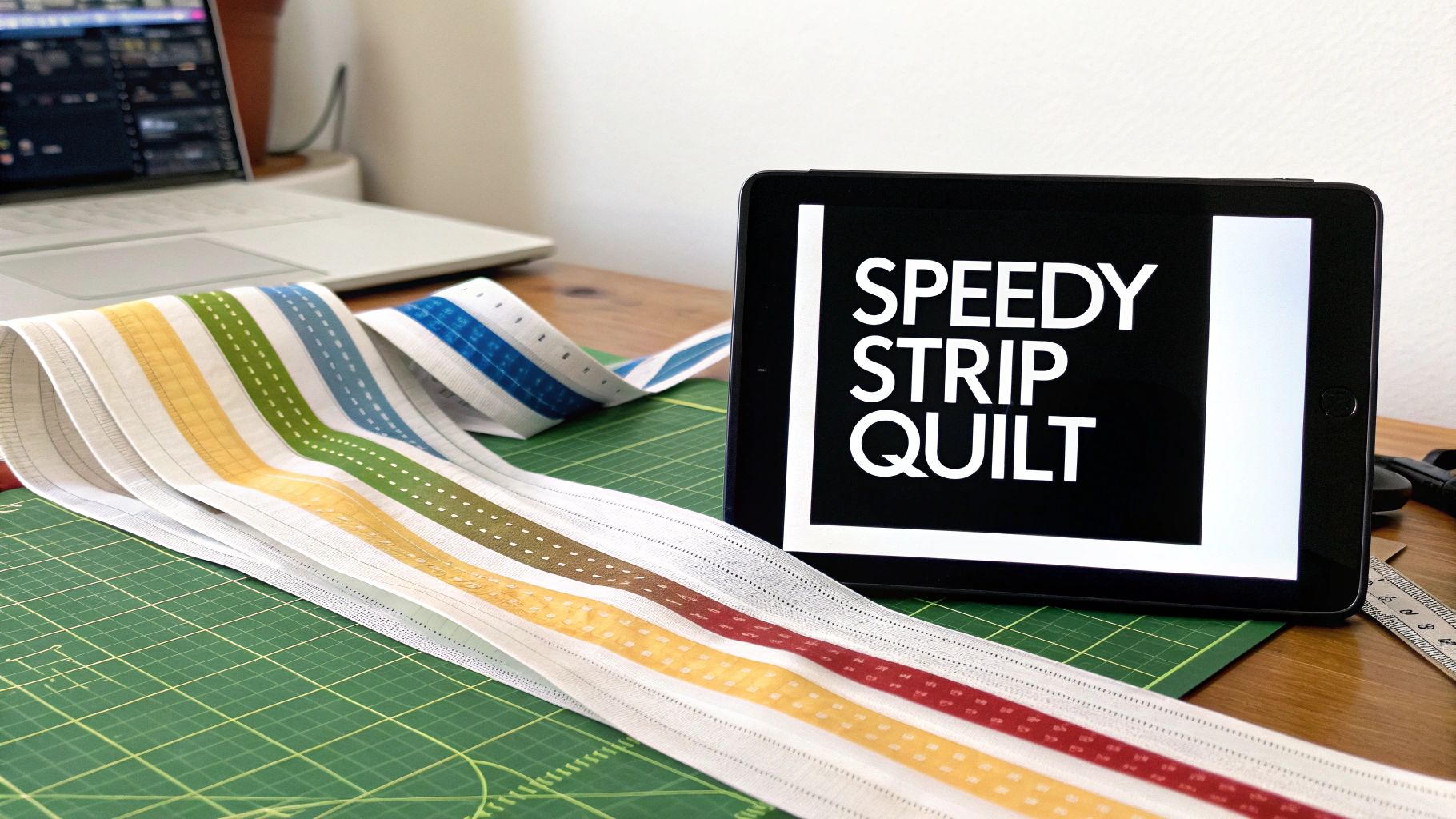 A tablet displays "SPEEDY STRIP QUILT" next to a rolled colorful fabric strip on a green mat.
