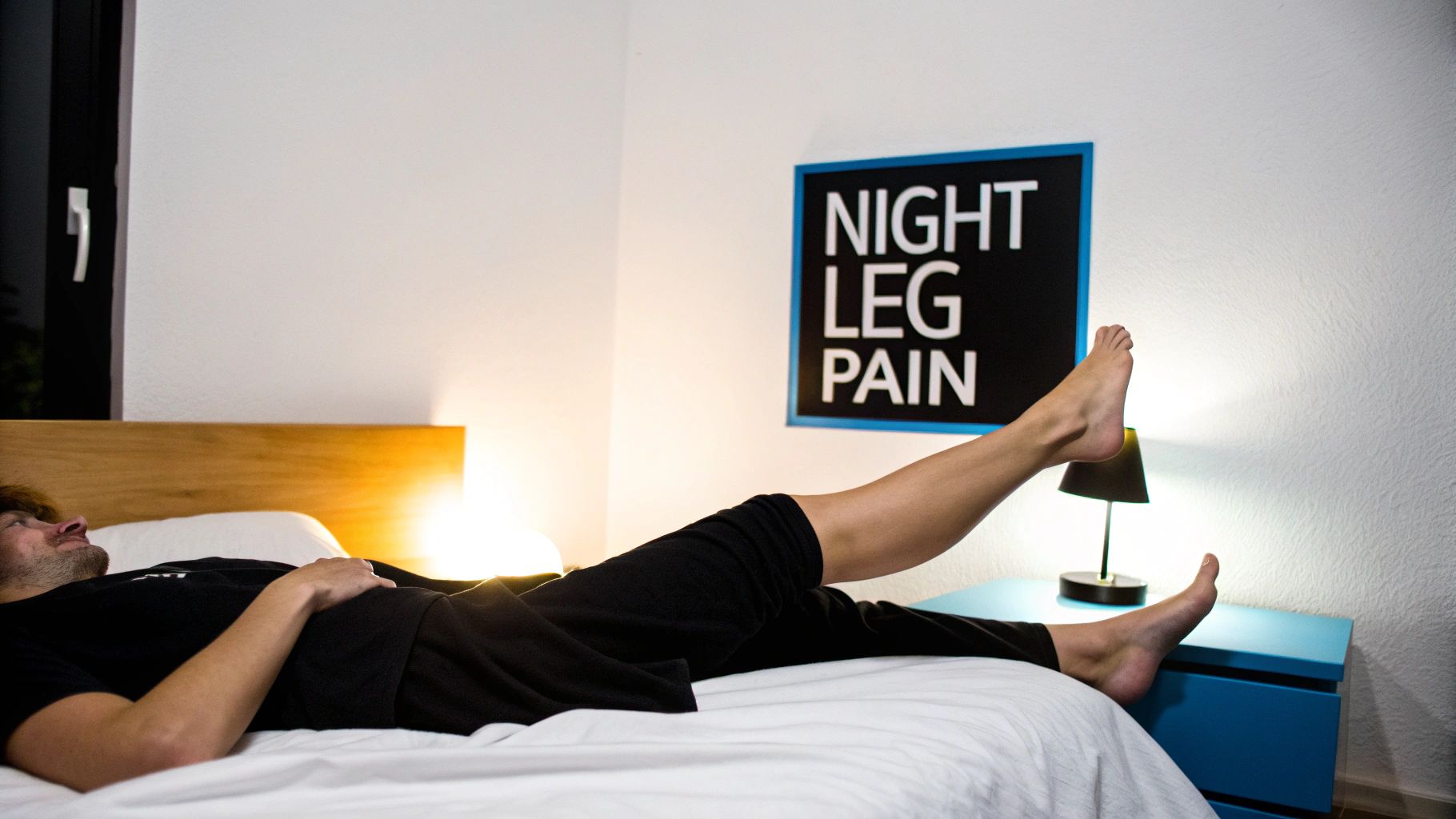 A person lies on a bed with one leg elevated, next to a 'Night Leg Pain' sign.