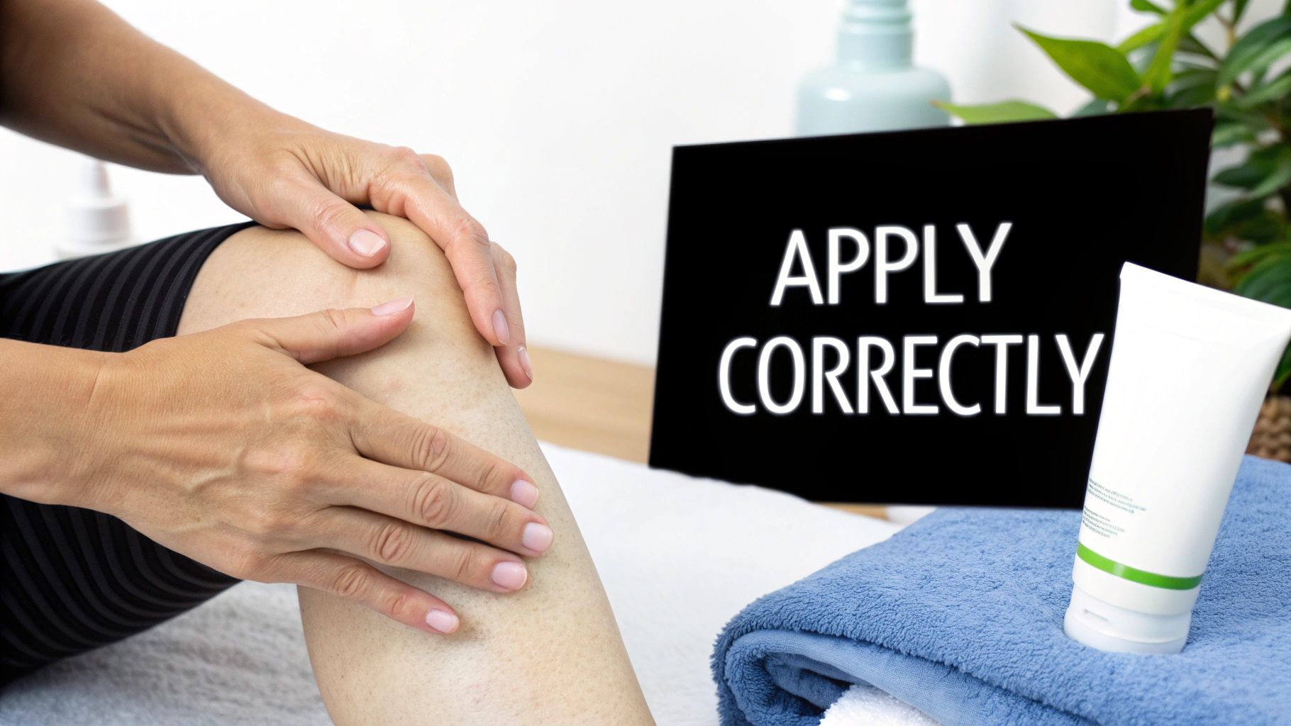 A person's hands apply cream to their knee, with a 'APPLY CORRECTLY' sign and product.