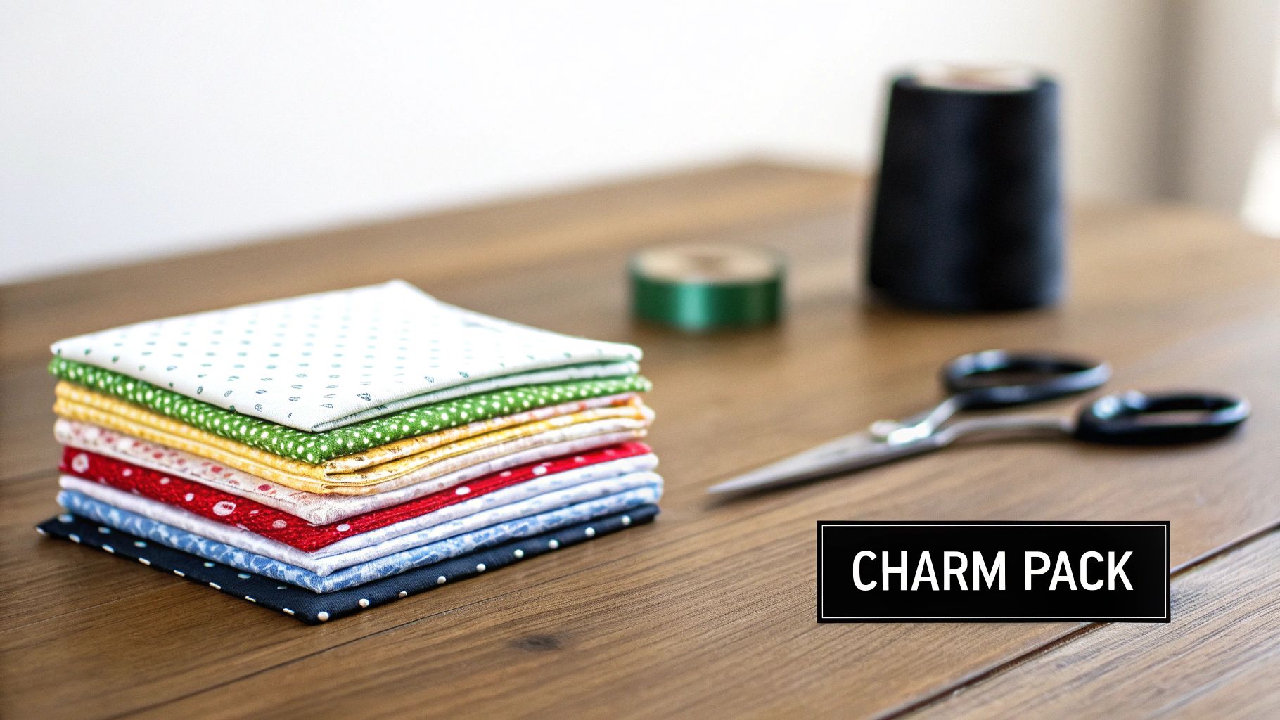 A stack of colorful, patterned fabric squares (charm pack) with sewing supplies on a wooden table.