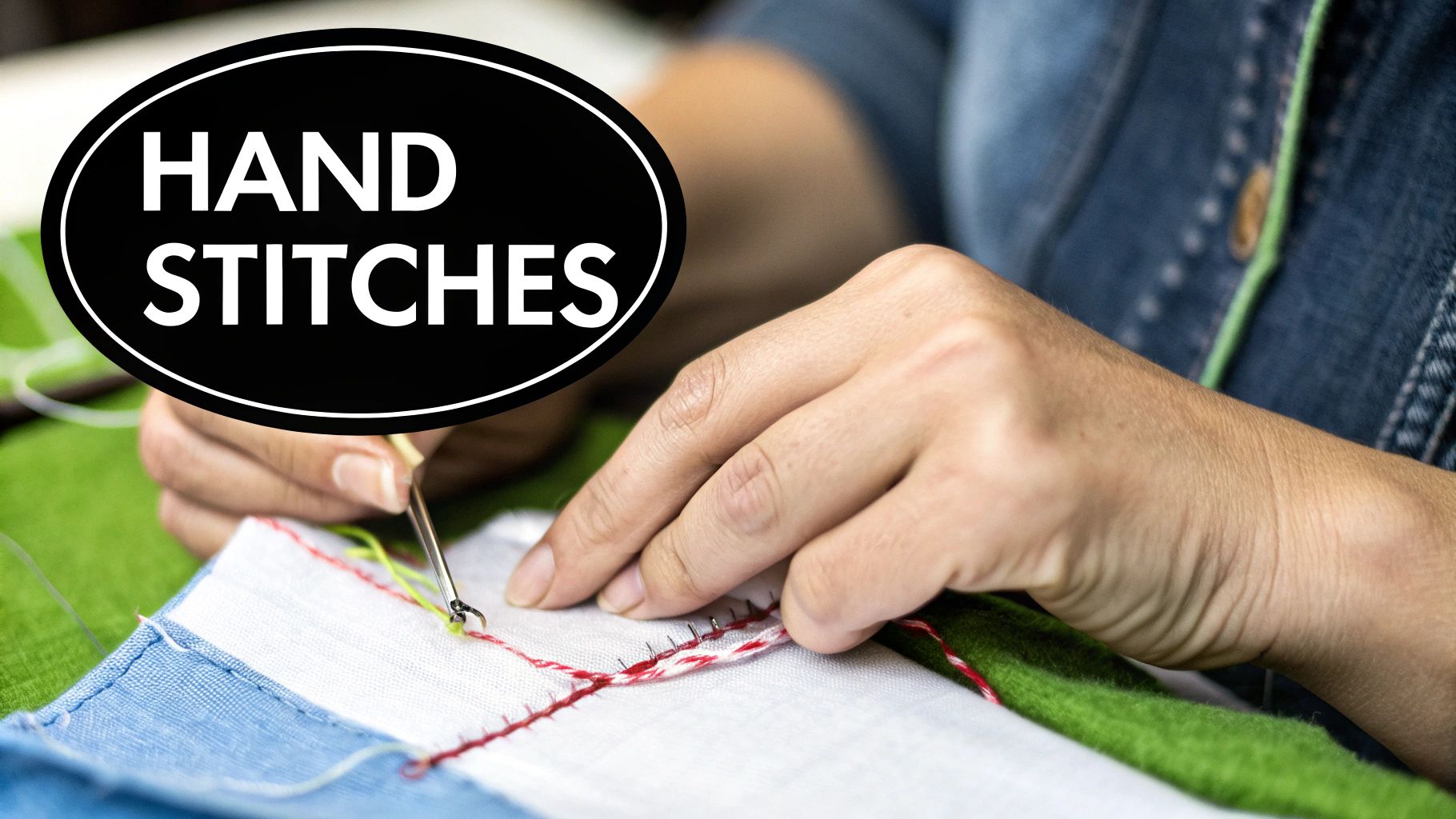A person sewing a tote bag with various sewing tools like scissors and thread on the table
