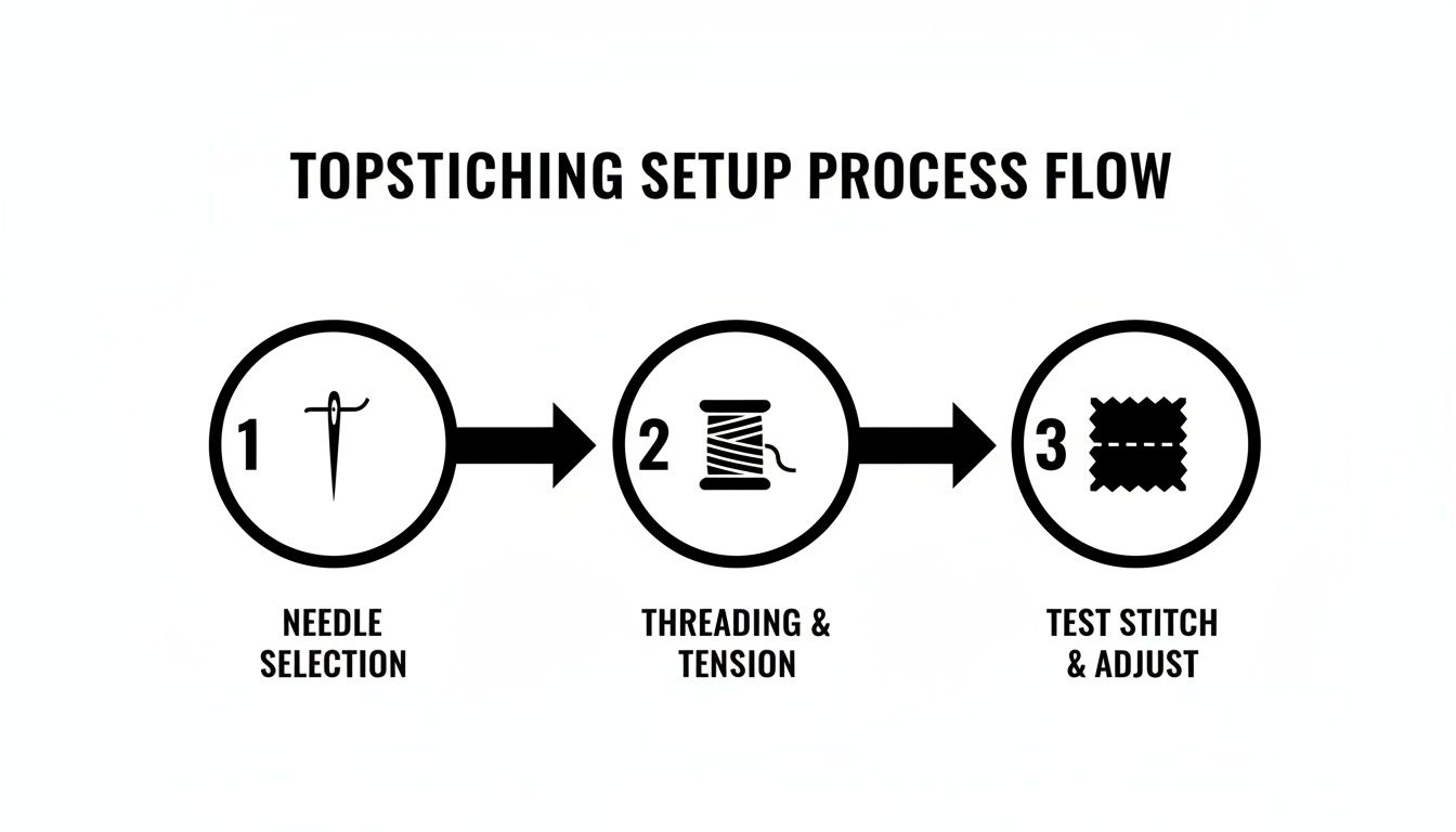 A three-step topstitching setup process flow showing needle selection, threading, and test stitching.