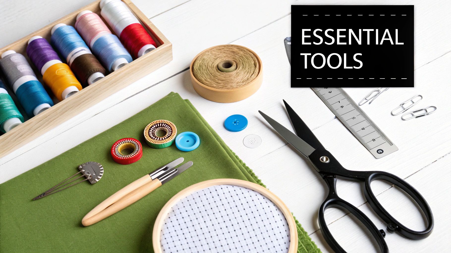 A flat lay of various sewing and crafting tools including thread, scissors, and an embroidery hoop, labeled 'ESSENTIAL TOOLS'.