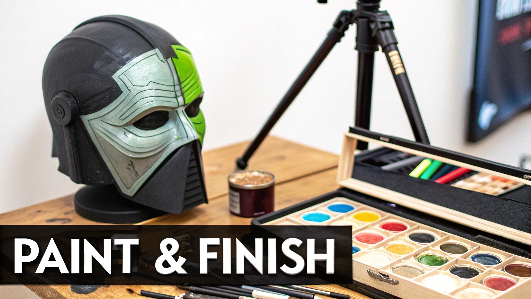 A partially painted black and green cosplay mask sits next to a paint palette and brushes for finishing.