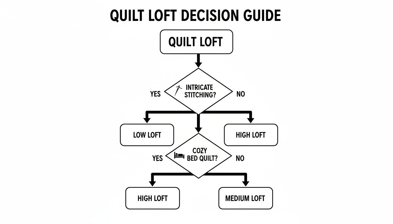 A quilt loft decision guide flowchart showing choices based on intricate stitching and cozy bed quilt needs.