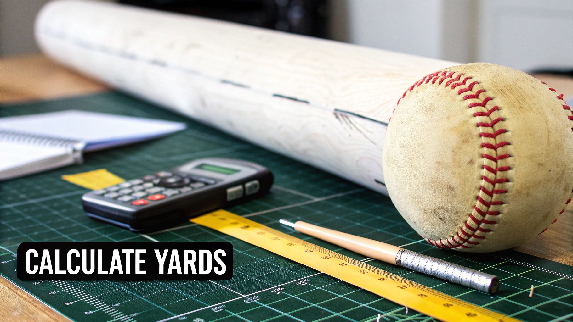 Baseball, bat, calculator, ruler, and supplies on a cutting mat with 'CALCULATE YARDS' text.